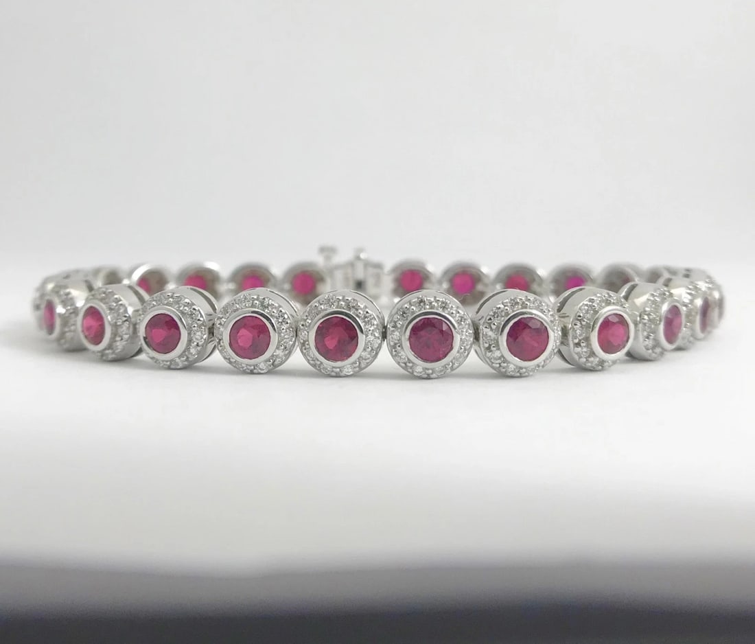 Bezel Set Ruby with Diamond Halo Bracelet 14K White Gold, 7.02 CTW, 21.43 grams - 7