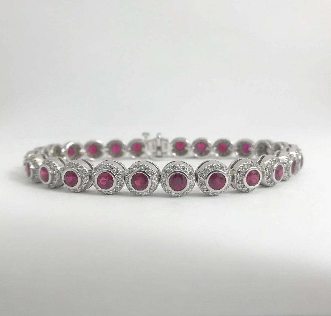 Bezel Set Ruby with Diamond Halo Bracelet 14K White Gold, 7.02 CTW, 21.43 grams - 8