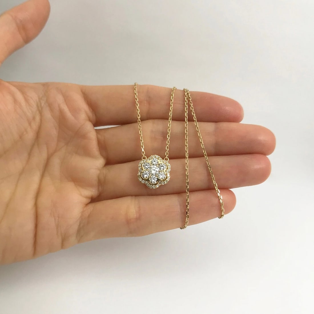 Round Diamond Flower Cluster Halo Pendant Necklace 14K Yellow Gold, .93 CTW - 3