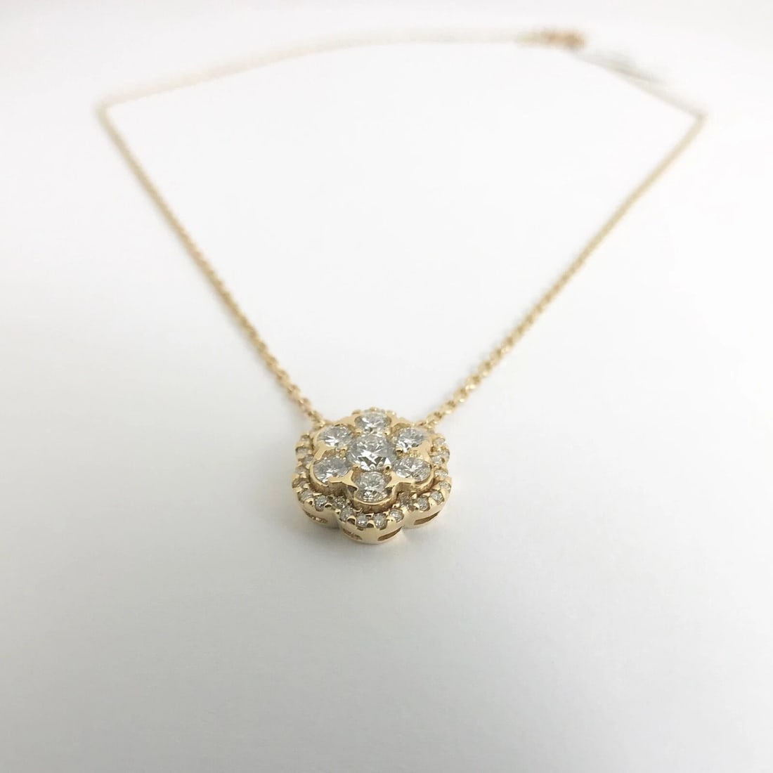 Round Diamond Flower Cluster Halo Pendant Necklace 14K Yellow Gold, .93 CTW - 7