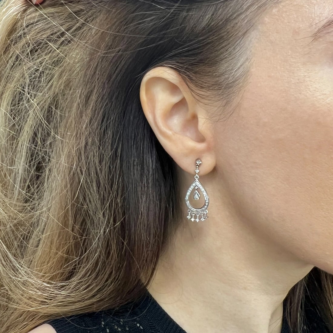 Diamond Teardrop Fringe Dangle Drop Earrings 14K White Gold, .65 CTW - 3