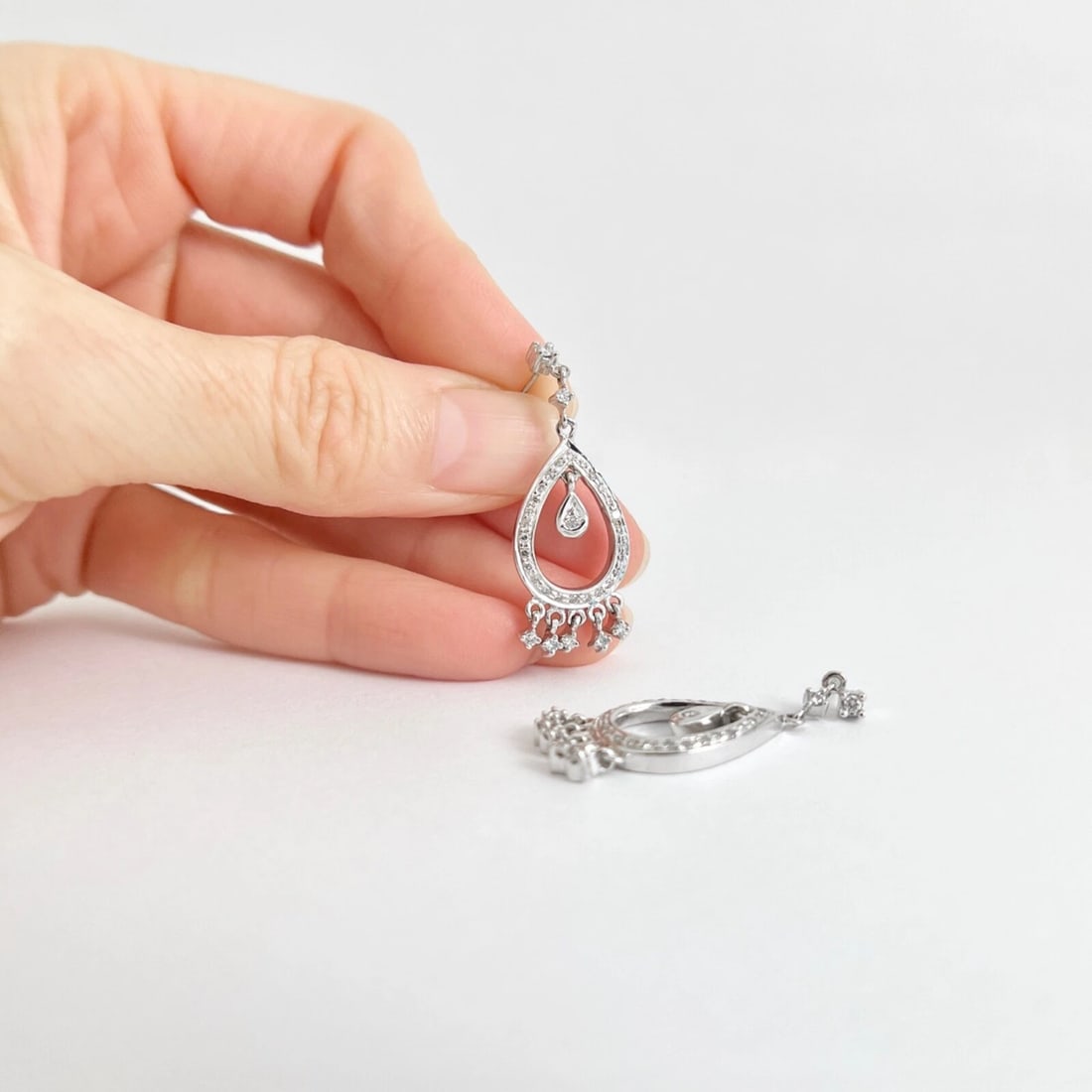 Diamond Teardrop Fringe Dangle Drop Earrings 14K White Gold, .65 CTW - 4