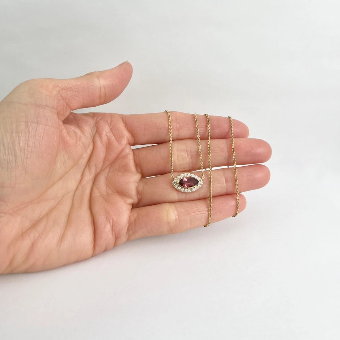 Marquise Garnet Diamond Halo Pendant Necklace 14K Yellow Gold, 1.38 CTW - 4