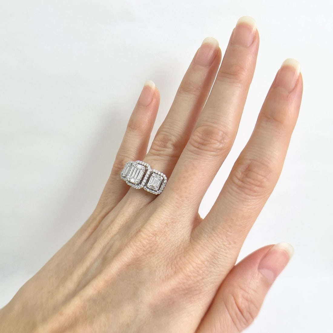 3-Stone Rectangle Diamond Cluster Halo Ring 14K White Gold, 1.65 CTW - 5