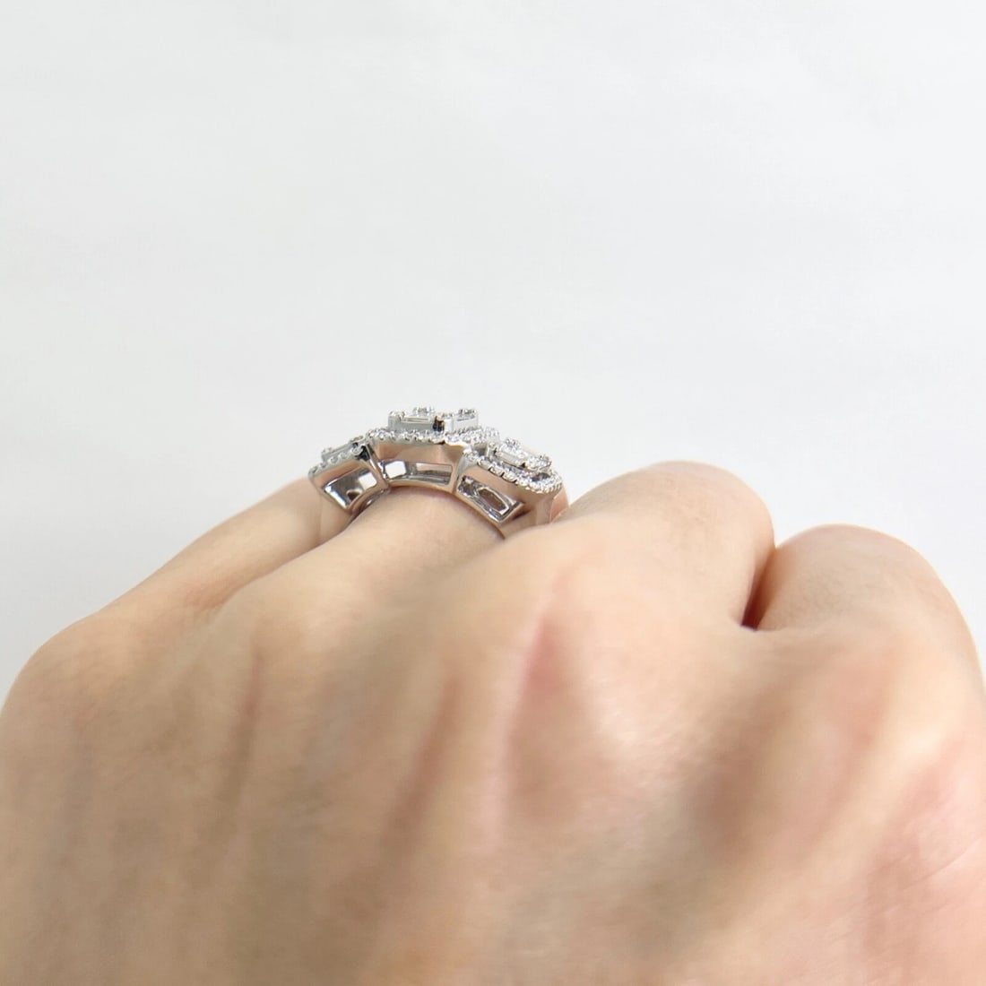 3-Stone Rectangle Diamond Cluster Halo Ring 14K White Gold, 1.65 CTW - 7