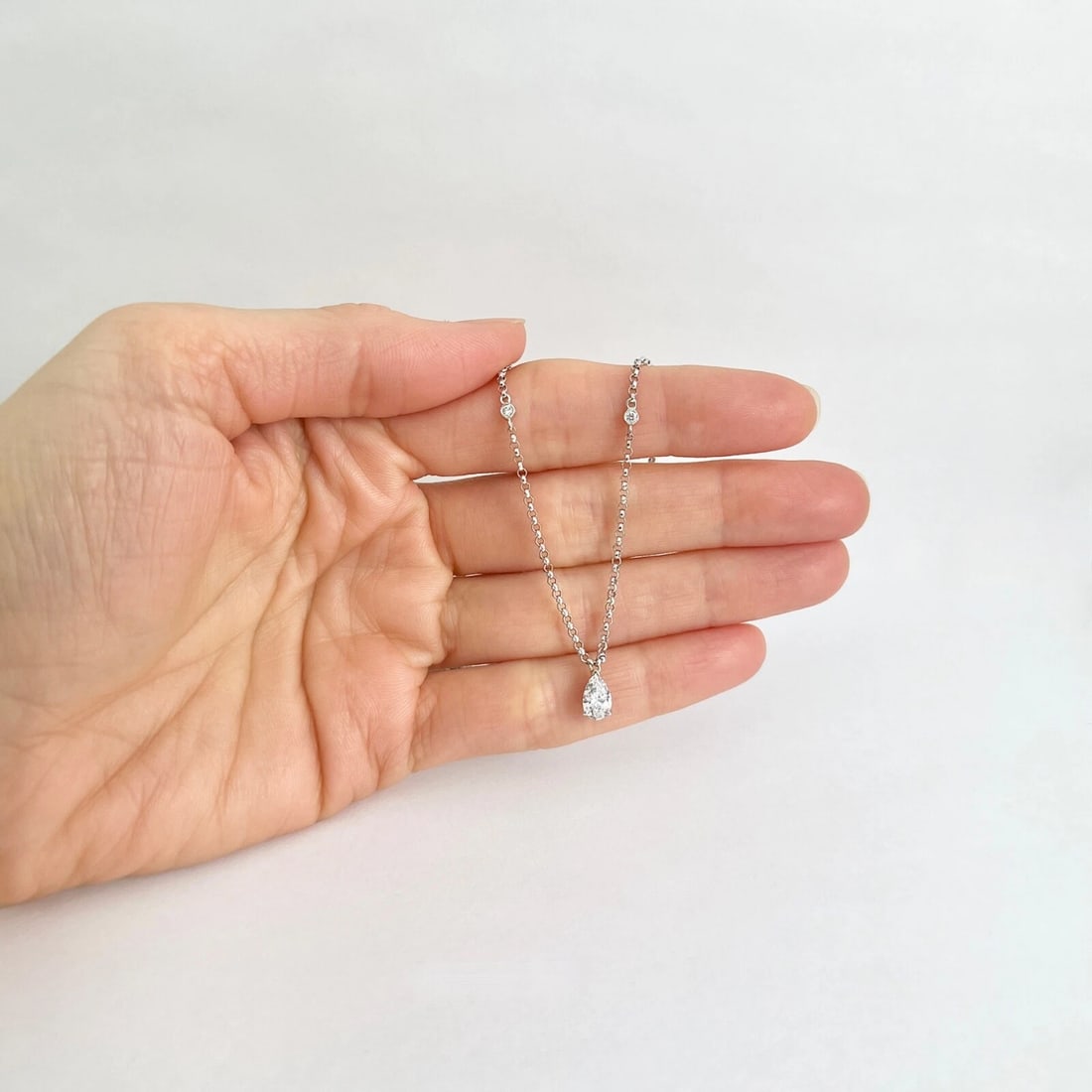 Pear Diamond Solitaire Station Pendant Necklace 14K White Gold, .63 CTW - 2