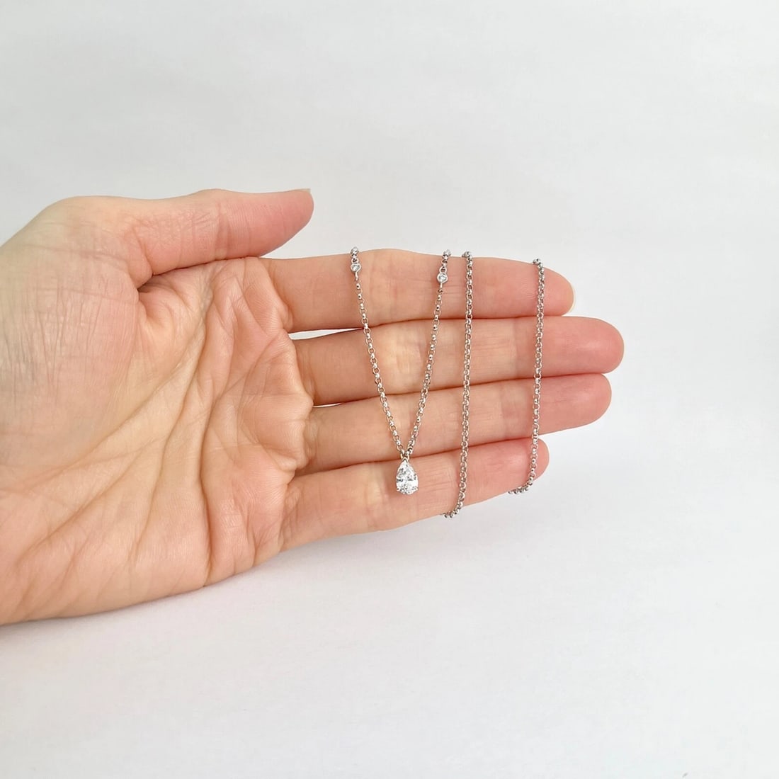 Pear Diamond Solitaire Station Pendant Necklace 14K White Gold, .63 CTW - 4