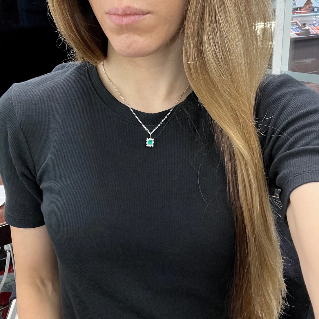 Green Emerald Diamond Halo Gemstone Pendant Necklace 14K White Gold .75 CTW - 3