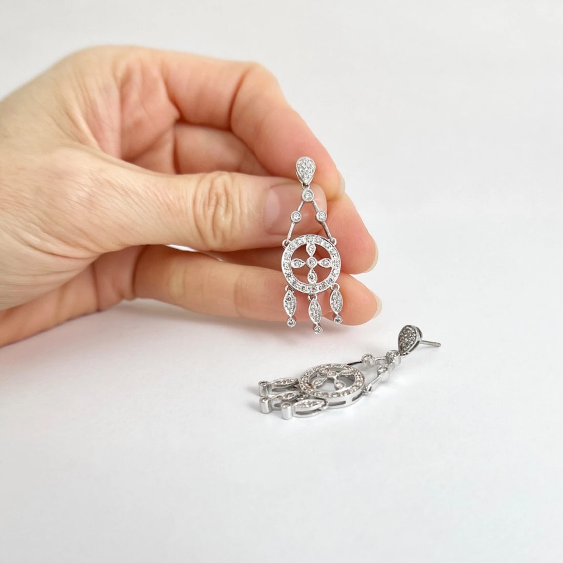 Diamond Dream Catcher Circle Fringe Dangle Drop Earrings 18K White Gold, .82 CTW - 5