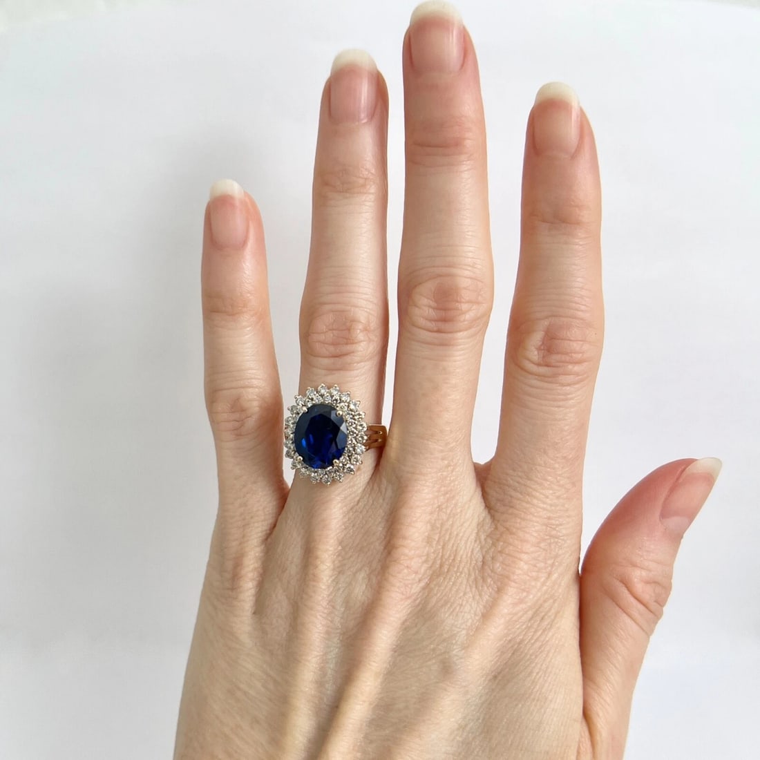 Oval Blue Simulated Sapphire Diamond Double Halo Ring 18K Yellow Gold 4.95 CTW - 2