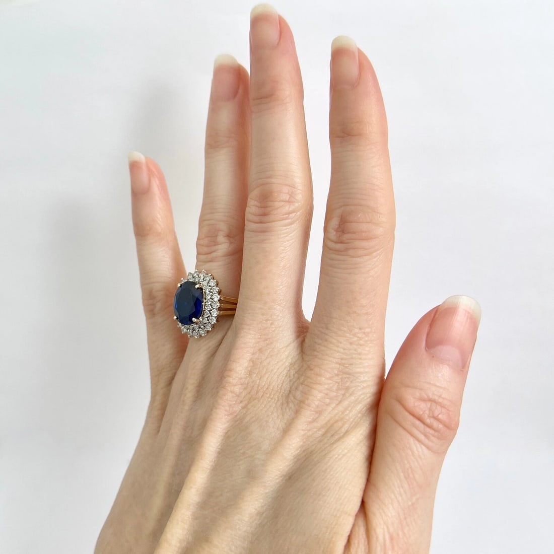 Oval Blue Simulated Sapphire Diamond Double Halo Ring 18K Yellow Gold 4.95 CTW - 3
