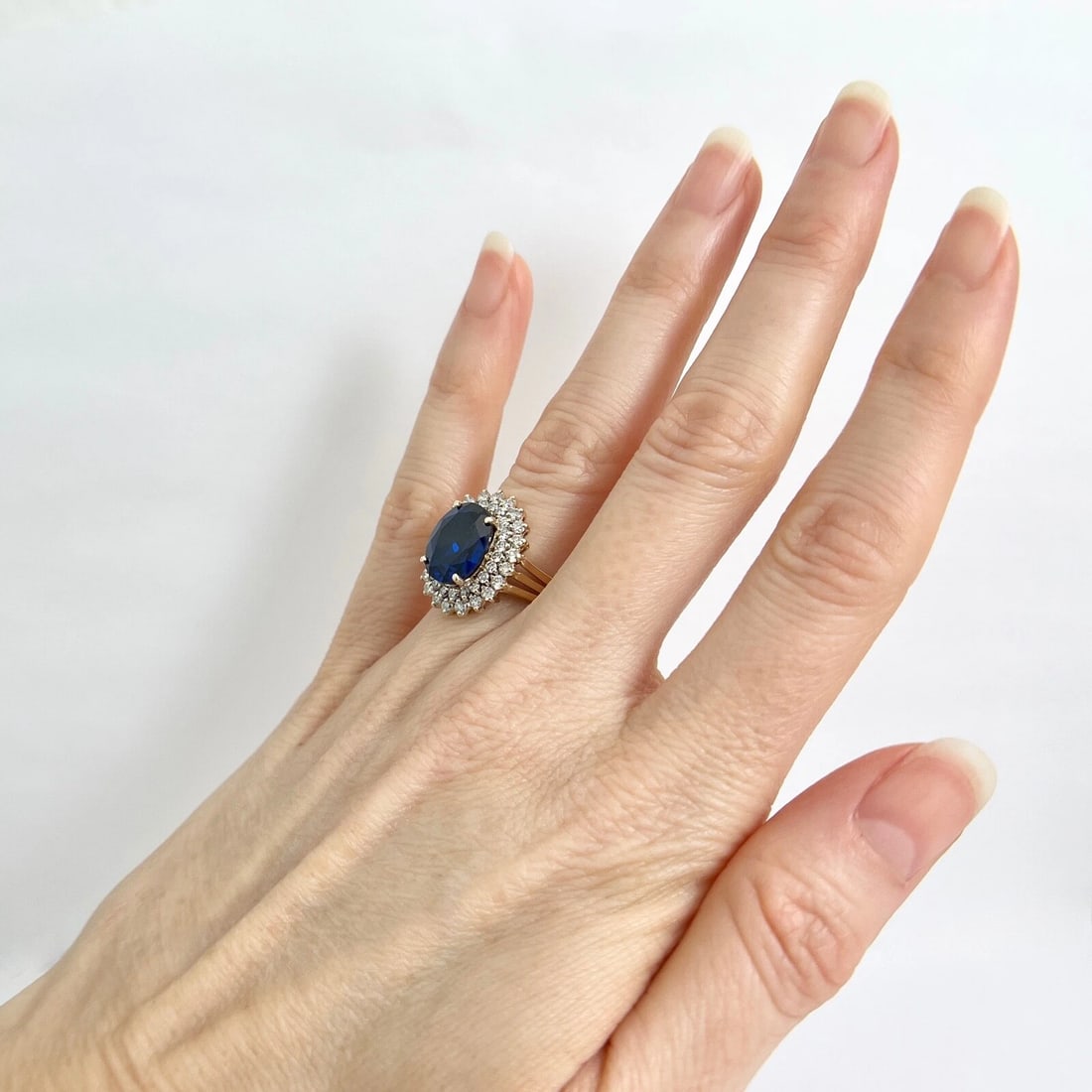 Oval Blue Simulated Sapphire Diamond Double Halo Ring 18K Yellow Gold 4.95 CTW - 4