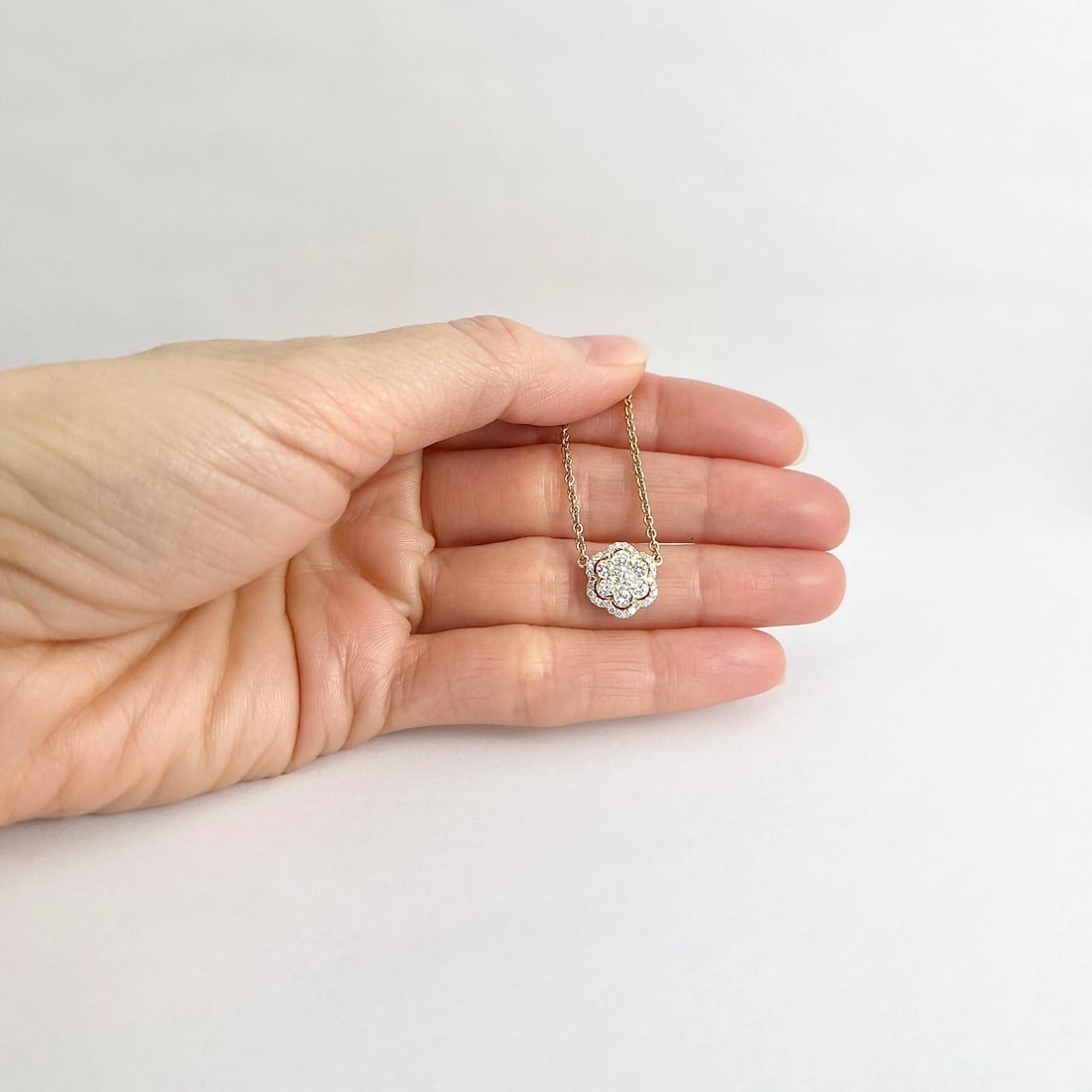 Round Diamond Cluster Halo Flower Pendant Necklace 14K Yellow Gold, .75 CTW - 2