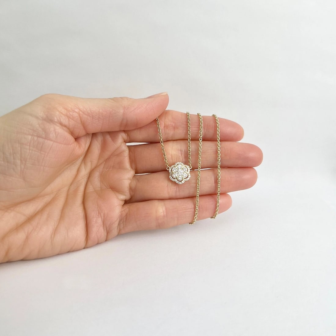 Round Diamond Cluster Halo Flower Pendant Necklace 14K Yellow Gold, .75 CTW - 4