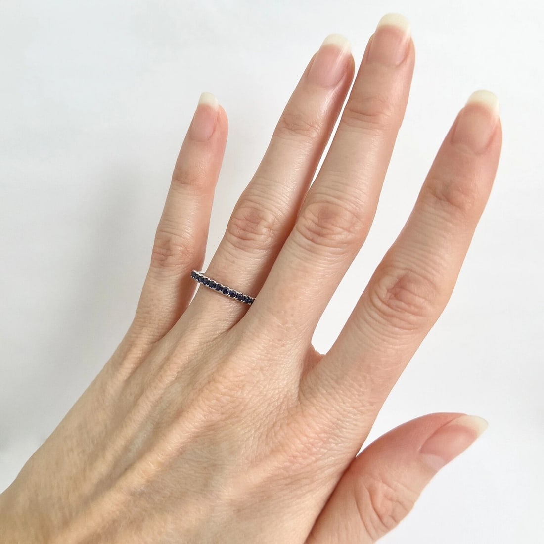 Thin Round Blue Sapphire Gemstone Band Ring 14K White Gold, .45 CTW - 4