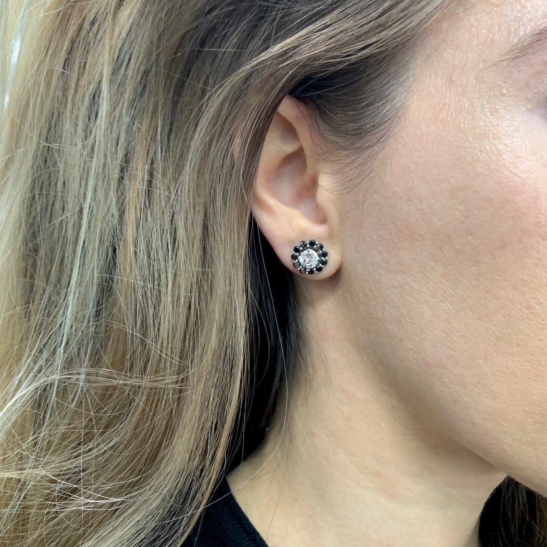 Black Diamond Halo Earring Jackets Enhancers 14K White Gold for 1.50 CTW Studs - 5