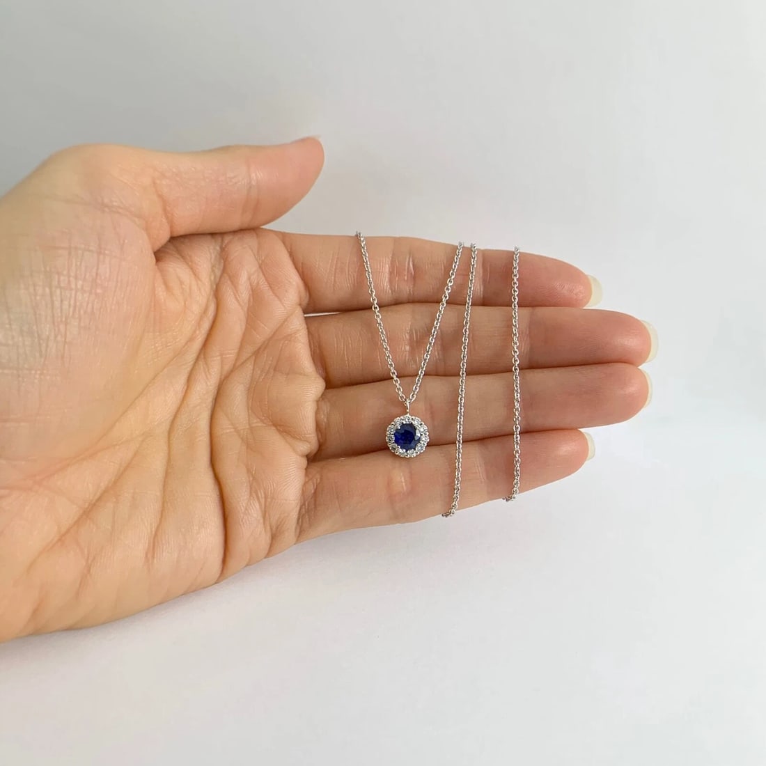 Round Blue Sapphire Diamond Halo Pendant Necklace 14K White Gold .86 CTW - 2