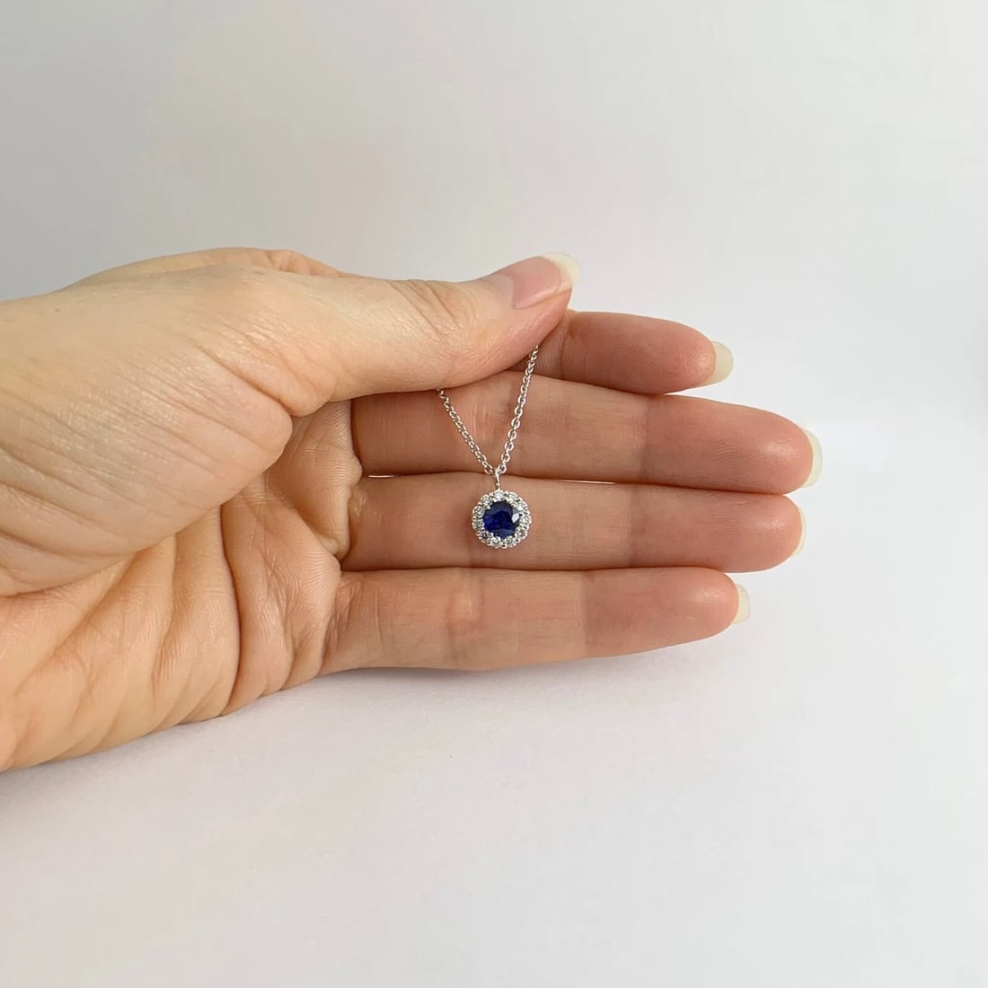 Round Blue Sapphire Diamond Halo Pendant Necklace 14K White Gold .86 CTW - 3