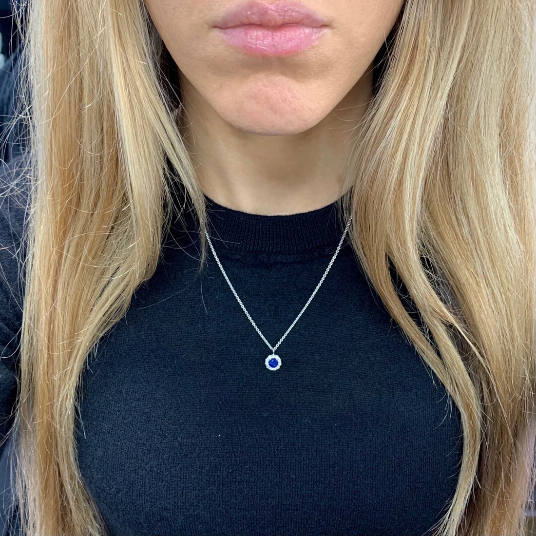 Round Blue Sapphire Diamond Halo Pendant Necklace 14K White Gold .86 CTW - 4