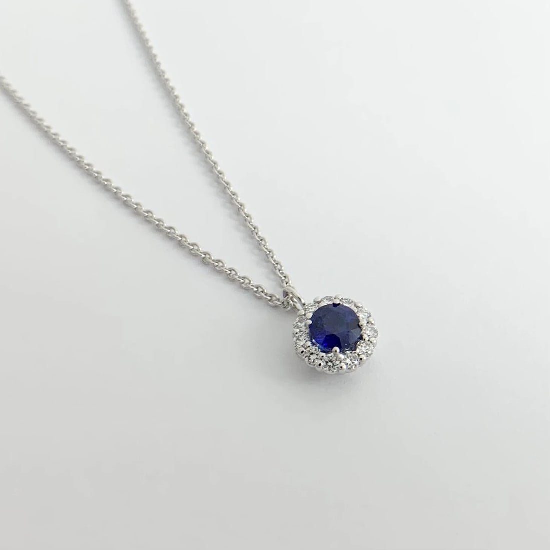 Round Blue Sapphire Diamond Halo Pendant Necklace 14K White Gold .86 CTW - 6