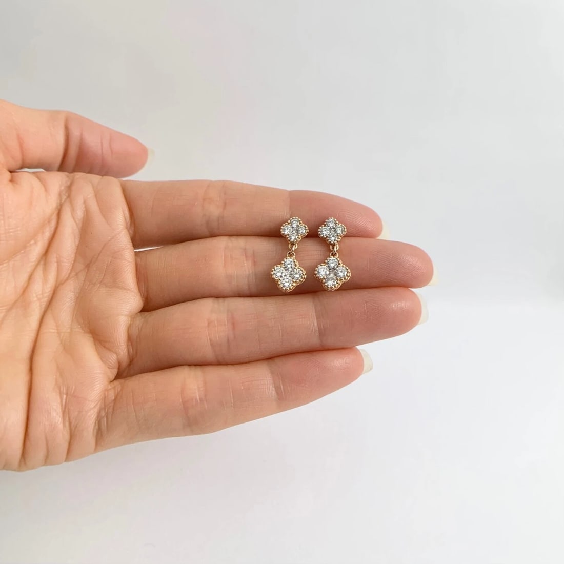 Cluster Diamond Clover Dangle Drop Earrings 14K Pink Rose Gold, 1.22 CTW - 2