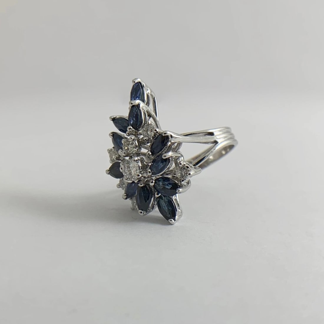 Blue Sapphire Diamond Cluster Cocktail Ring 12K White Gold, 2.02 CTW, 6.24 Grams - 10