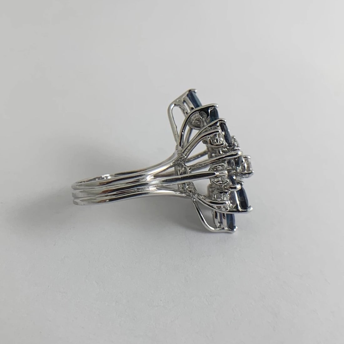 Blue Sapphire Diamond Cluster Cocktail Ring 12K White Gold, 2.02 CTW, 6.24 Grams - 8