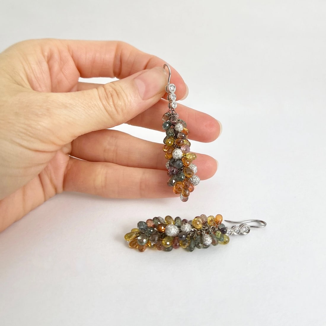 Multicolored Sapphire Diamond Dangle Drop Earrings 18K White Gold, 47.95 CTW - 2