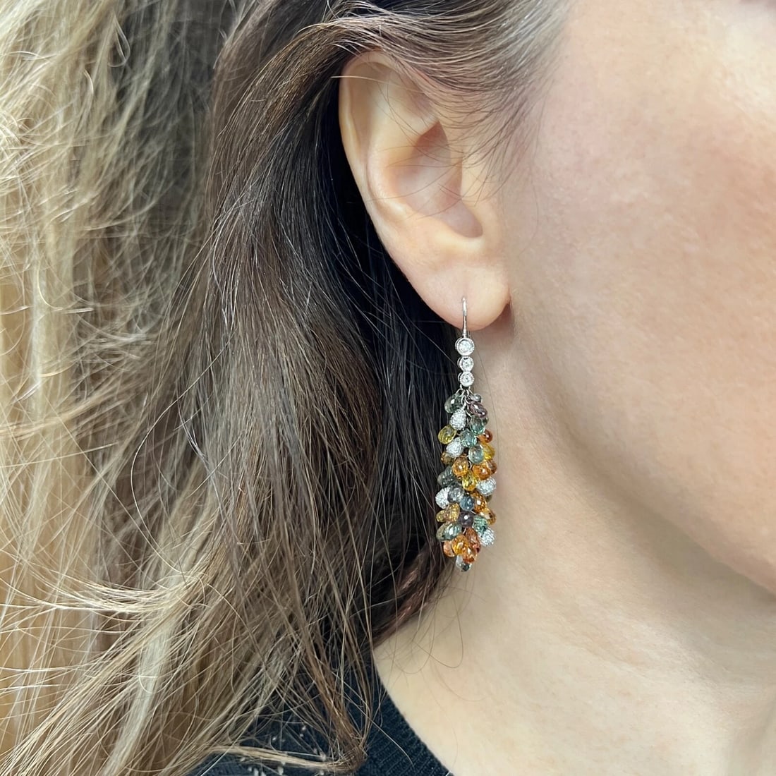 Multicolored Sapphire Diamond Dangle Drop Earrings 18K White Gold, 47.95 CTW - 3