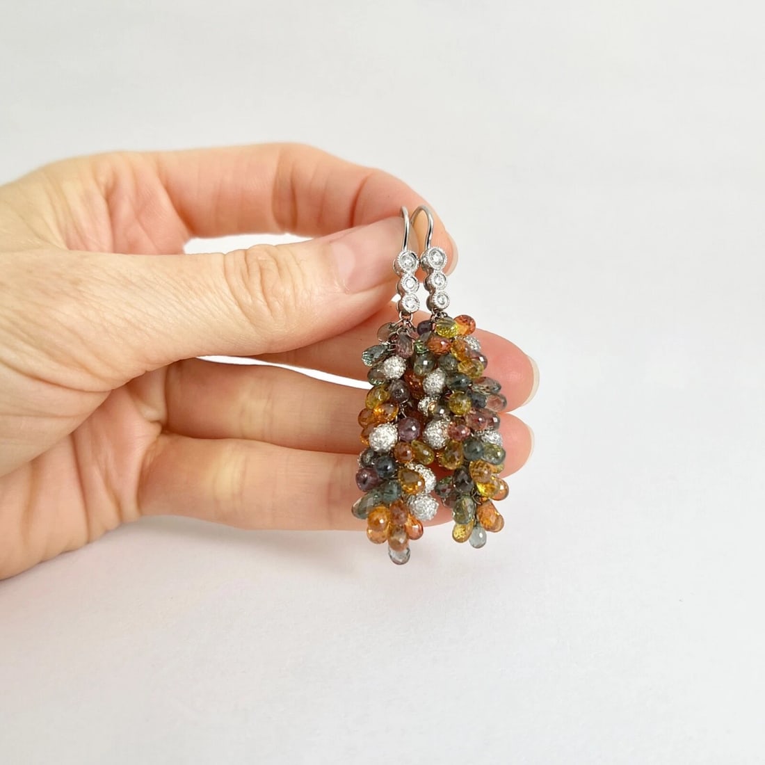 Multicolored Sapphire Diamond Dangle Drop Earrings 18K White Gold, 47.95 CTW - 4