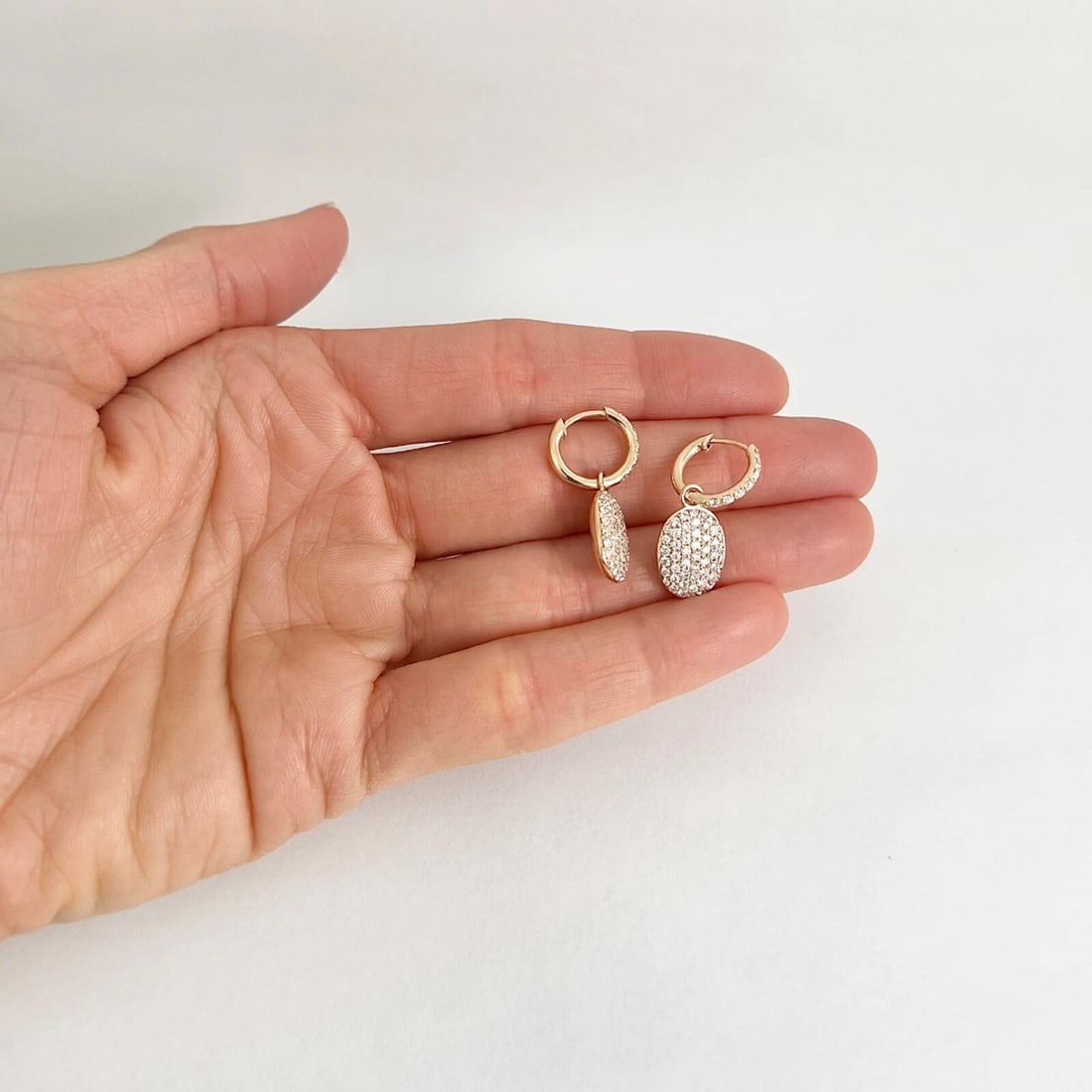 Pave Diamond Oval Tag Dangle Drop Earrings 14K Pink Rose Gold, 1 Inch, 1.10 CTW - 3