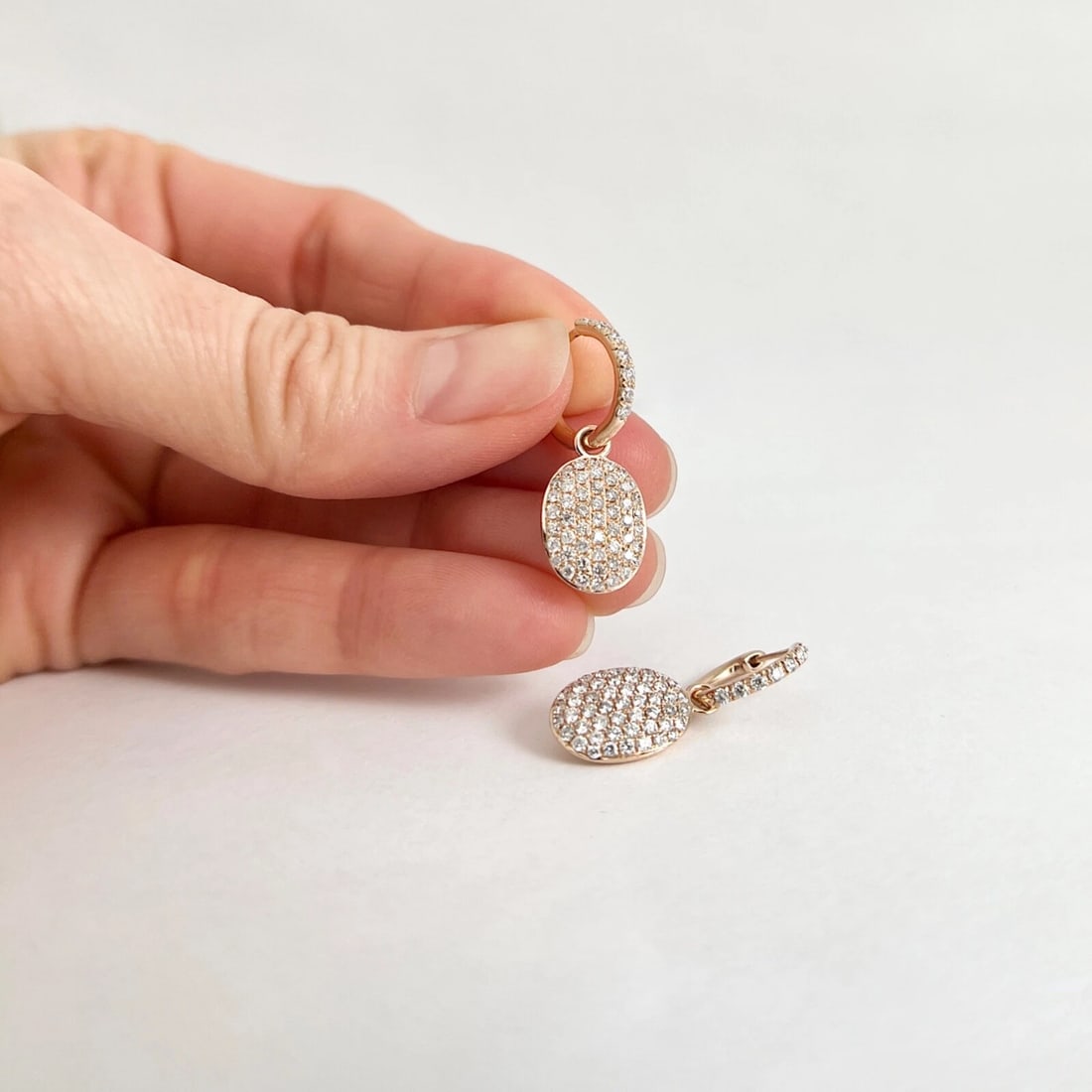 Pave Diamond Oval Tag Dangle Drop Earrings 14K Pink Rose Gold, 1 Inch, 1.10 CTW - 4