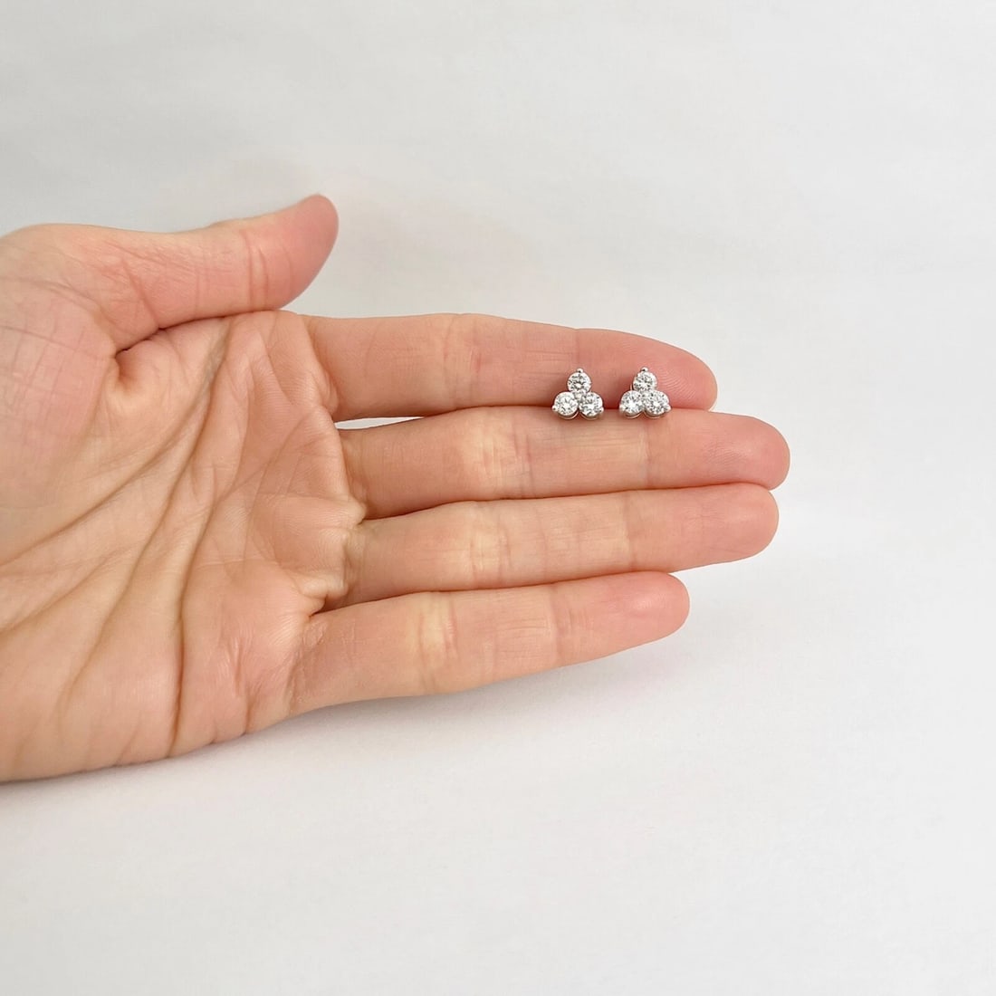 3-Stone Round Diamond Cluster Stud Earrings 14K White Gold, 1.10 CTW - 2