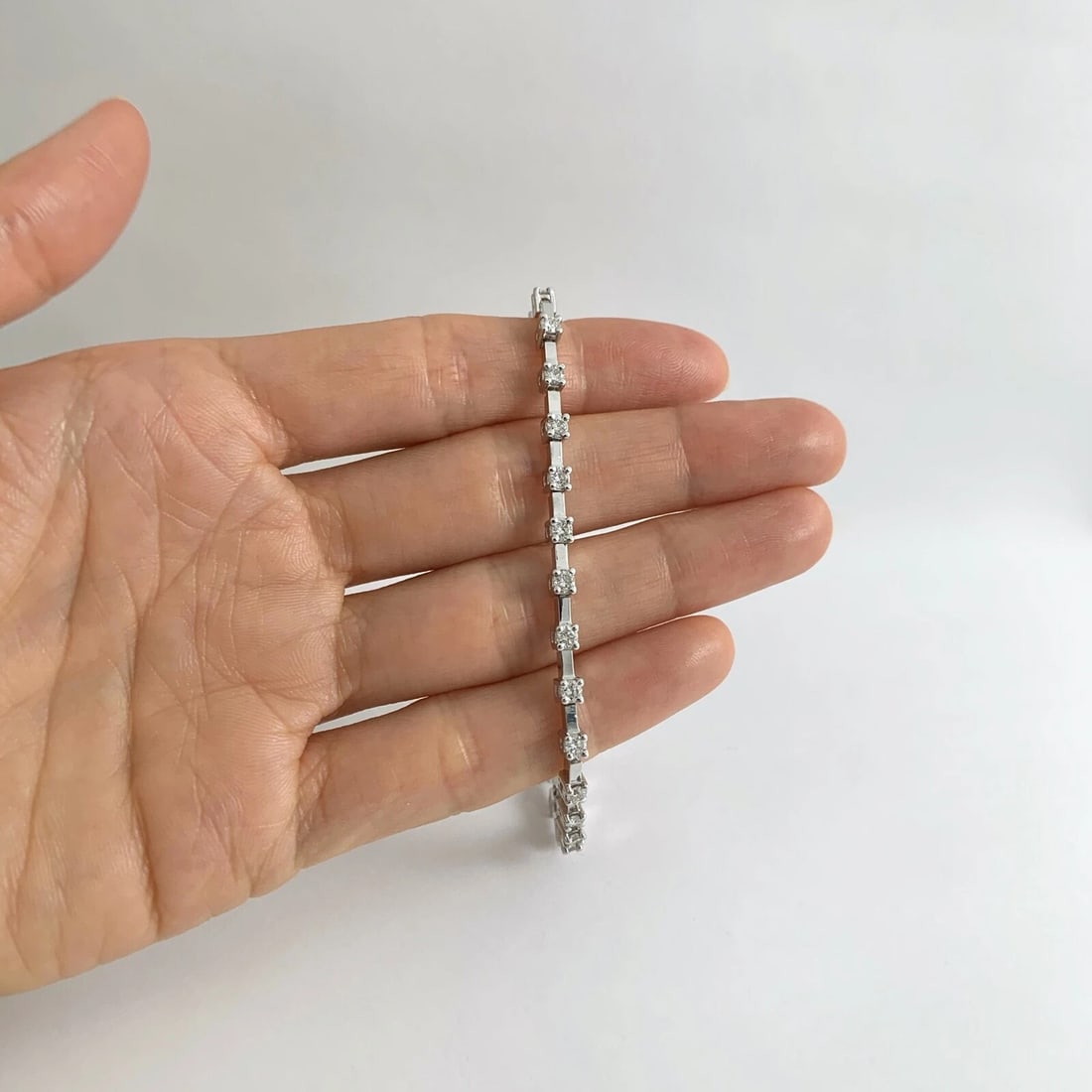 Round Bar Link Diamond Tennis Bracelet 14K White Gold, 1.65 CTW, 12.10 Grams - 2