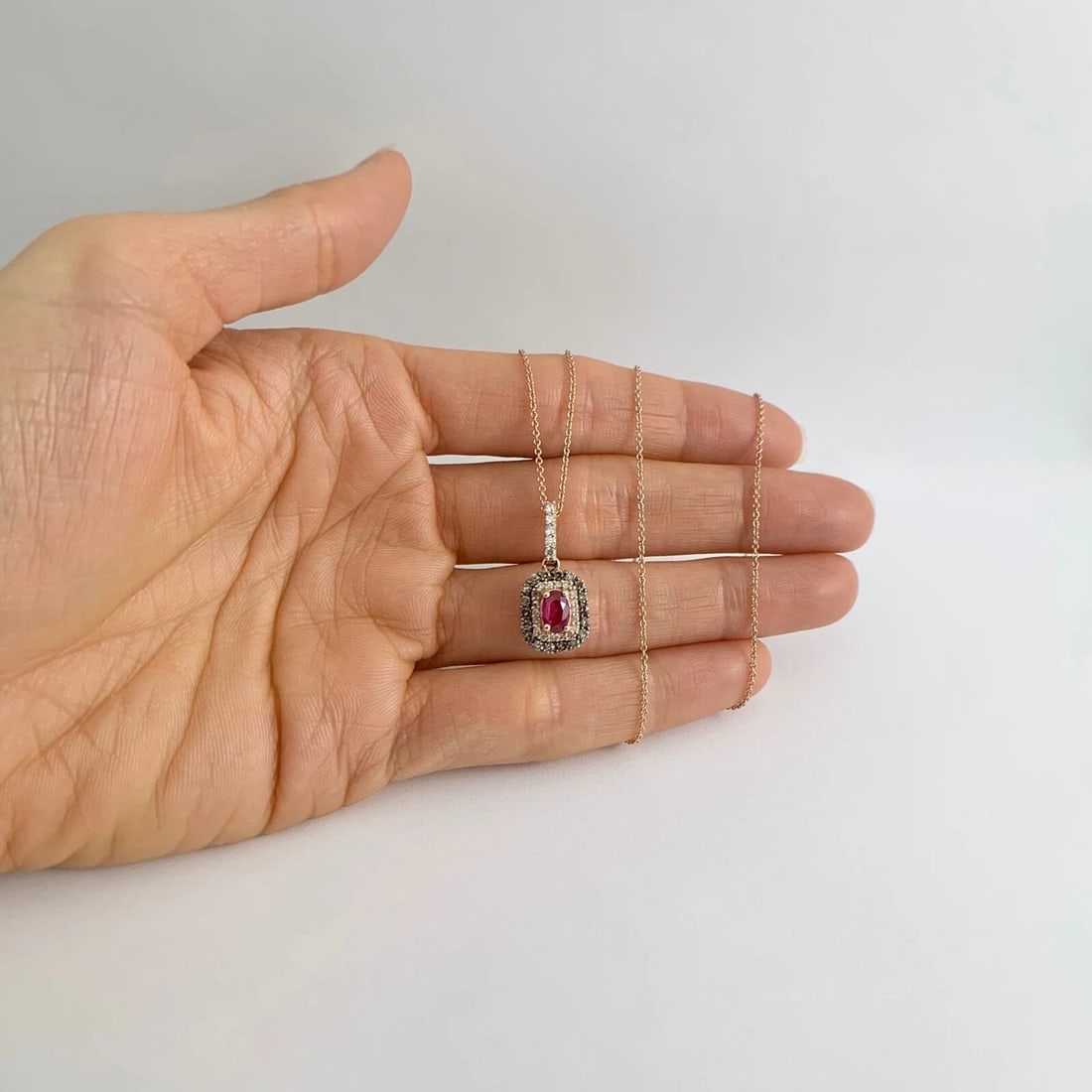 Ruby Cognac Diamond Black Rhodium Double Halo Pendant Necklace 14K Rose Gold - 2