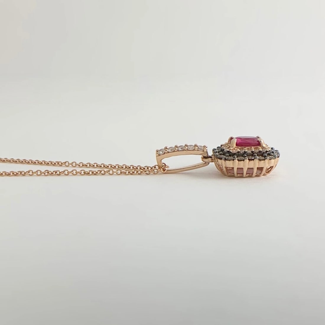 Ruby Cognac Diamond Black Rhodium Double Halo Pendant Necklace 14K Rose Gold - 7