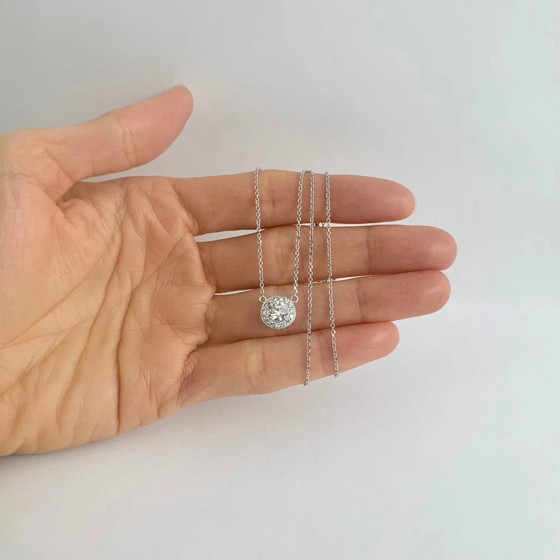 Round Diamond Milgrain Halo Pendant Necklace 14K White Gold, .79 CTW, 16 Inches - 2