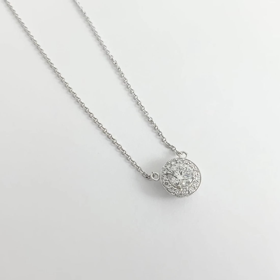 Round Diamond Milgrain Halo Pendant Necklace 14K White Gold, .79 CTW, 16 Inches - 6