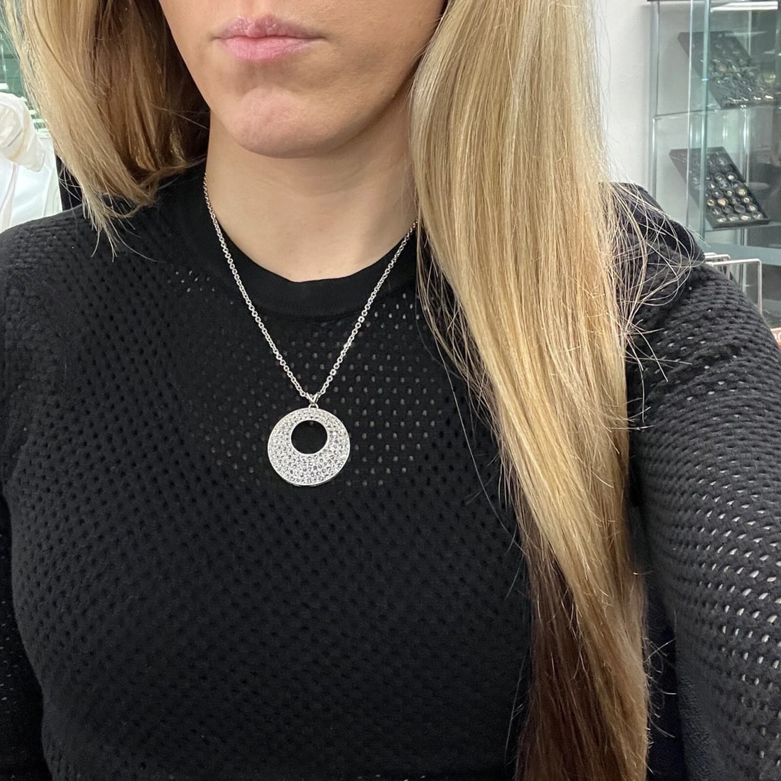 Pave Rose Cut Diamond Open Circle Pendant Necklace 18K 14K White Gold, 3.06 CTW - 3