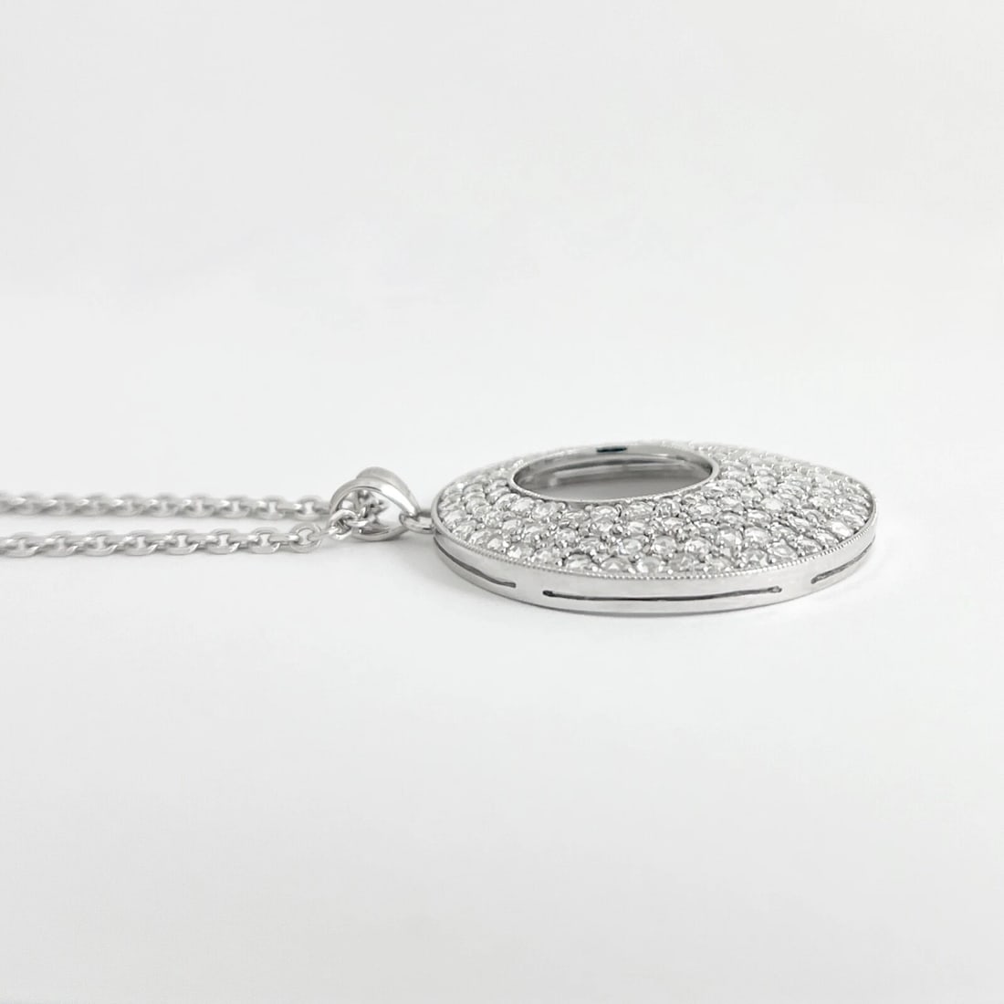 Pave Rose Cut Diamond Open Circle Pendant Necklace 18K 14K White Gold, 3.06 CTW - 5