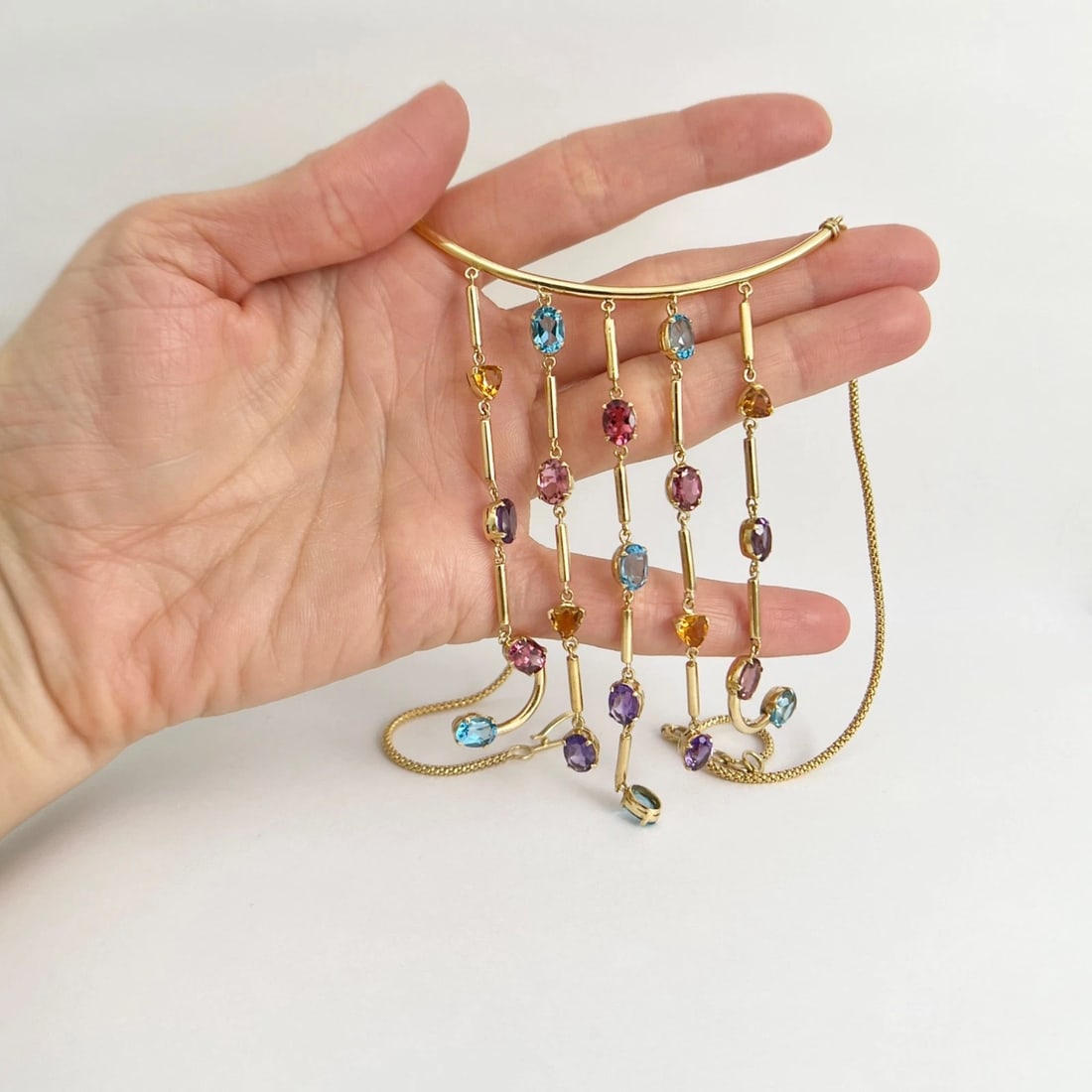 Multicolored Gemstone Dangle Fringe Chain Necklace 18K Yellow Gold 26.07 Grams - 2