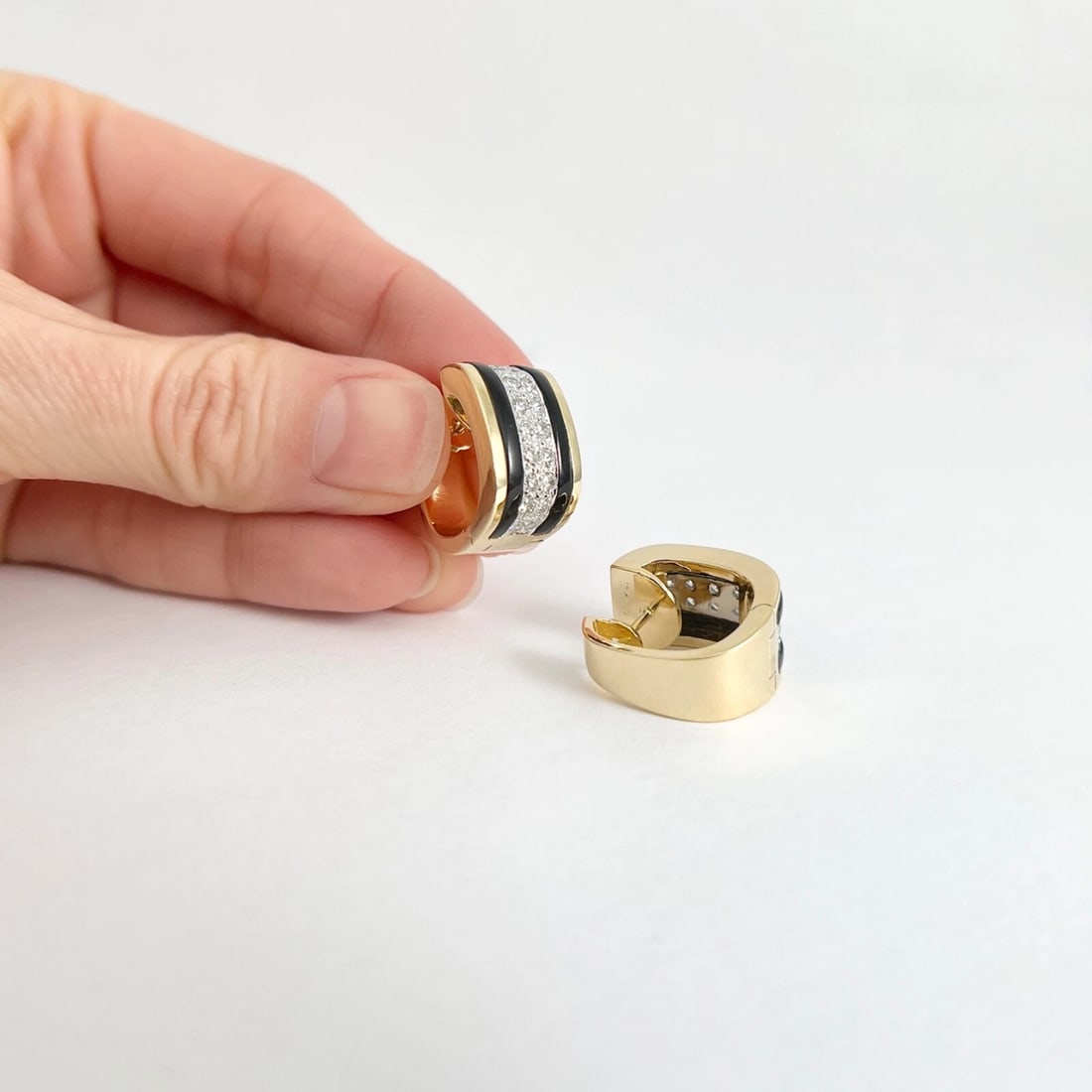 Wide Pave Diamond Black Onyx Huggie Hoop Earrings 18K Yellow Gold, .72 CTW - 2