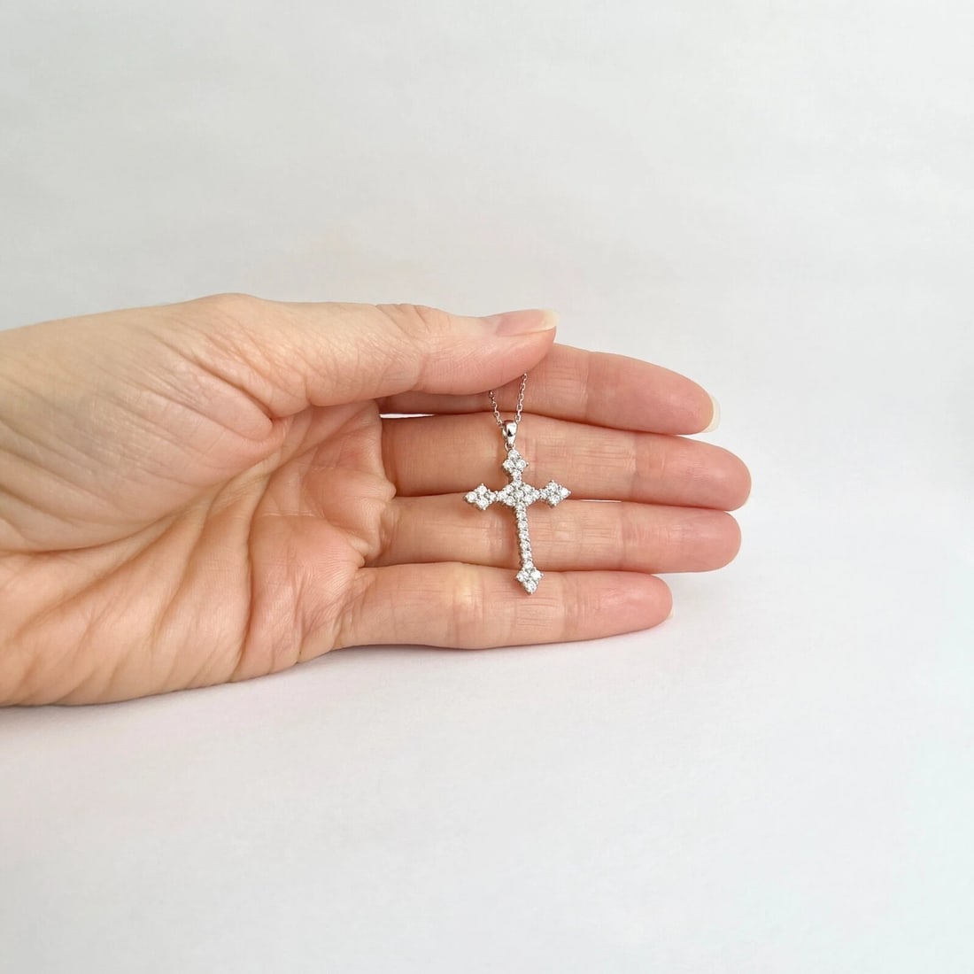 Cluster Diamond Cross Pendant Necklace 18K 14K White Gold, .75 CTW - 2