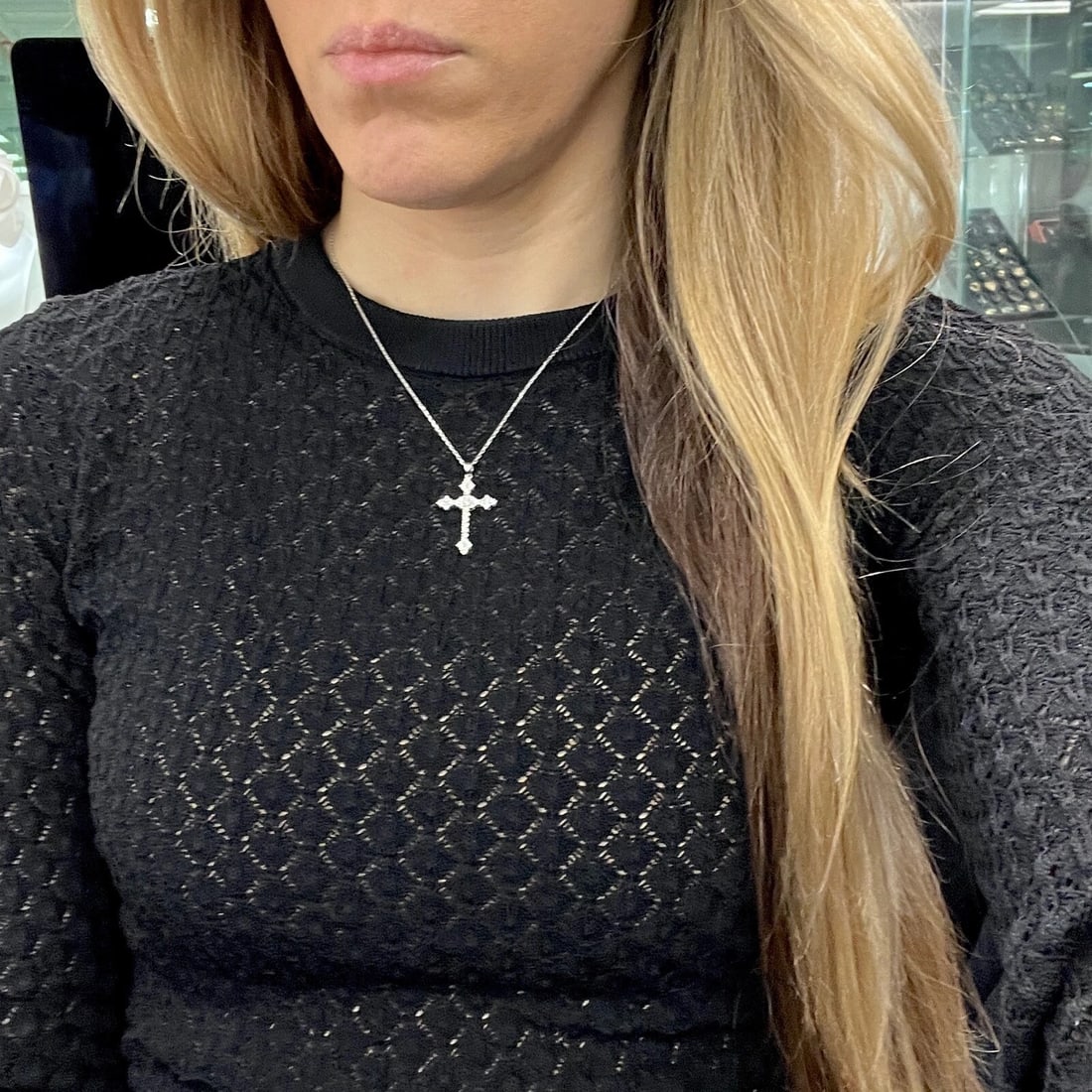 Cluster Diamond Cross Pendant Necklace 18K 14K White Gold, .75 CTW - 3