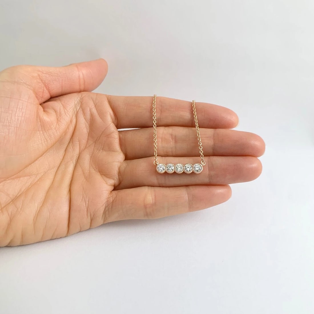 Milgrain Bezel Straight Diamond Bar Pendant Necklace 14K Rose Gold, 1.01 CTW - 3