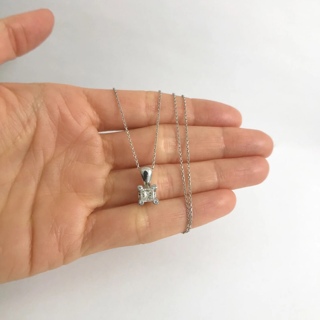 Princess Cut Diamond Solitaire Pendant Necklace 14K White Gold, .62 CTW, 3.11 Gr - 2