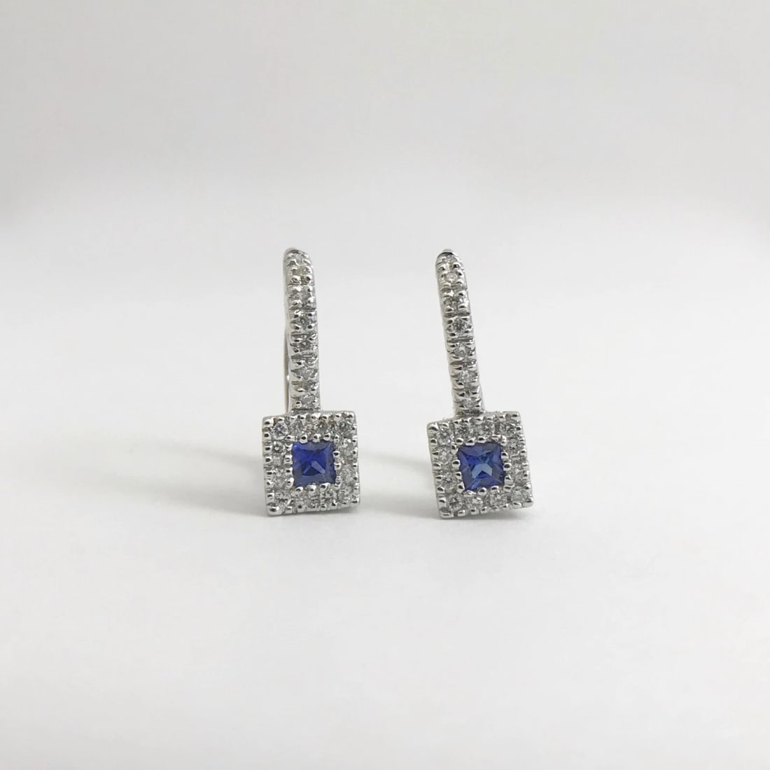 Blue Sapphire Diamond Halo Drop Earrings in 18K White Gold, .75 CTW, 3.36 Grams - 7