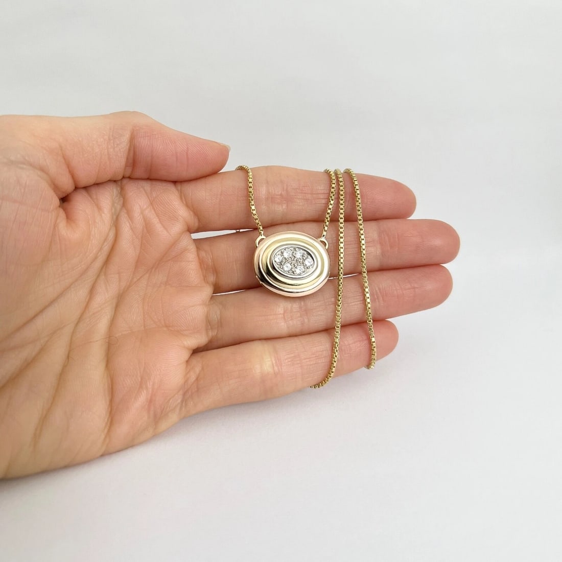 Tri-Color Diamond Cluster Oval Pendant Necklace 18K Yellow Rose Gold, .48 CTW - 2