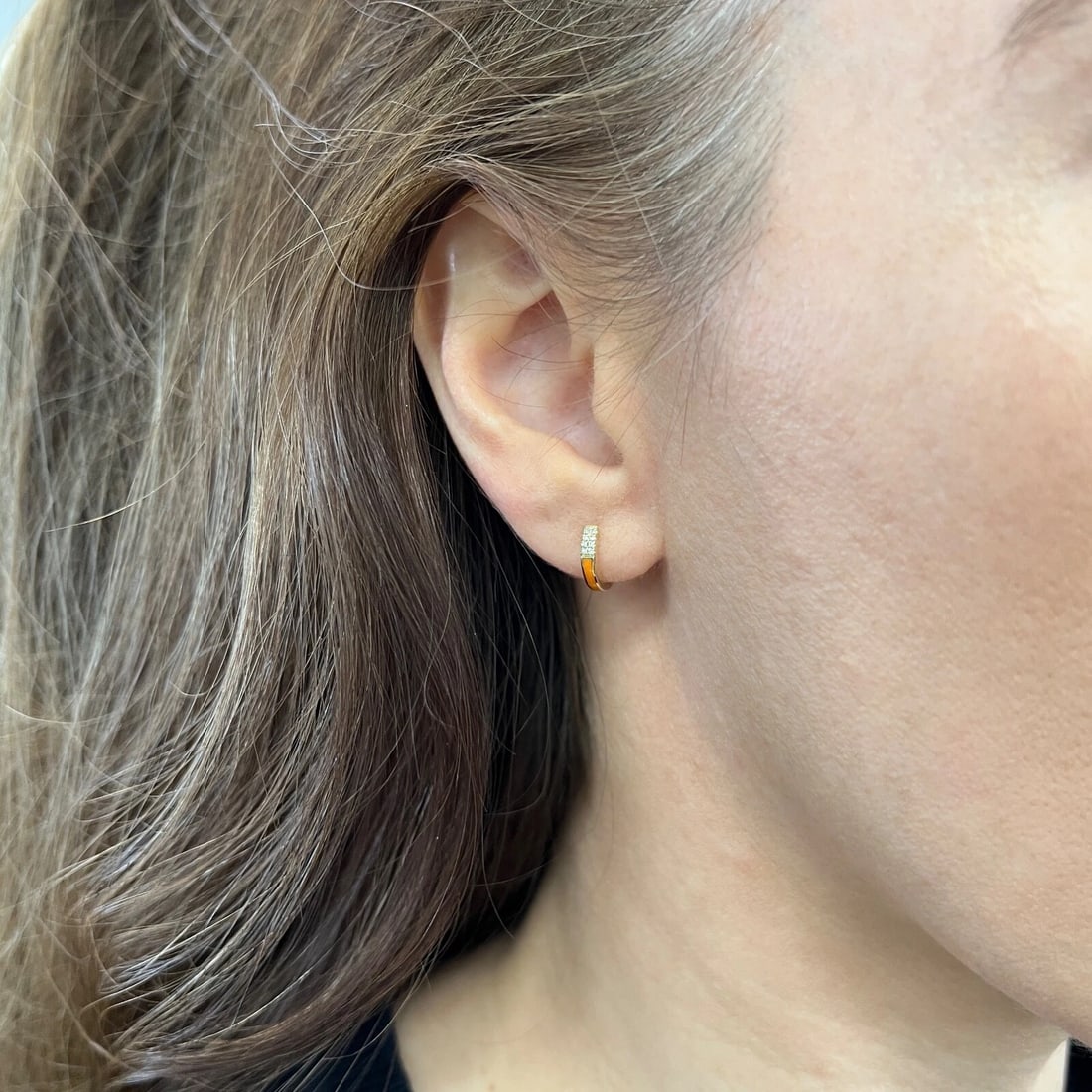 Orange Enamel Pave Diamond Thin Huggie Earrings 14K Yellow Gold, .08 CTW - 3