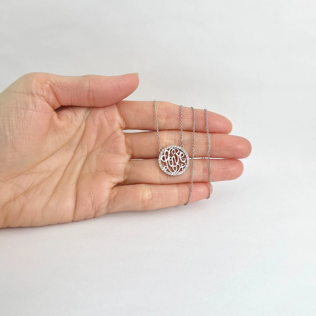 Love Diamond Filigree Round Pendant Necklace 14K White Gold, .23 CTW - 4